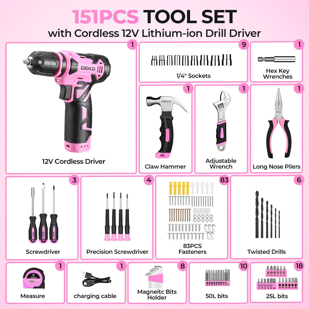 Cordless Drill & Household Tool Set, 119 Pieces