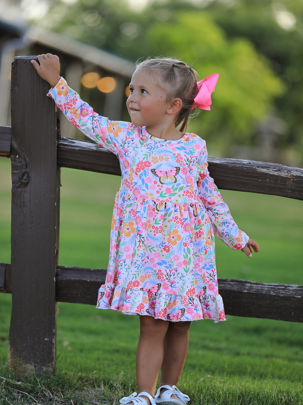 Girls' Butterfly & Floral Long-Sleeve Twirl Dress