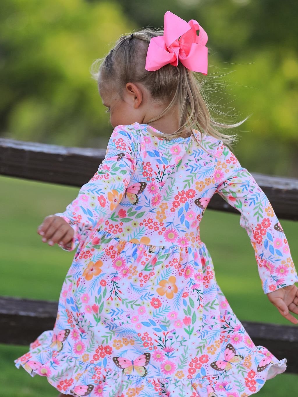 Girls' Butterfly & Floral Long-Sleeve Twirl Dress