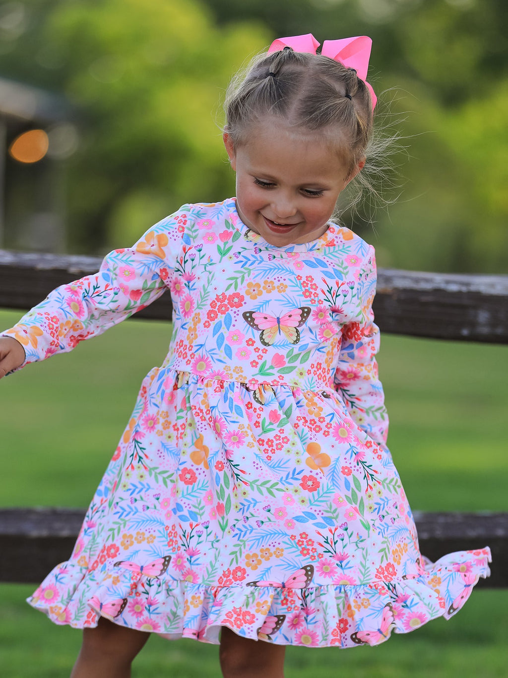 Girls' Butterfly & Floral Long-Sleeve Twirl Dress
