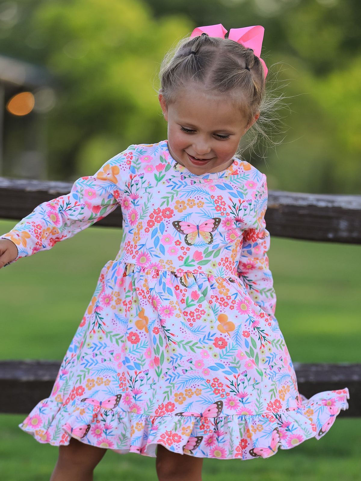 Girls' Butterfly & Floral Long-Sleeve Twirl Dress