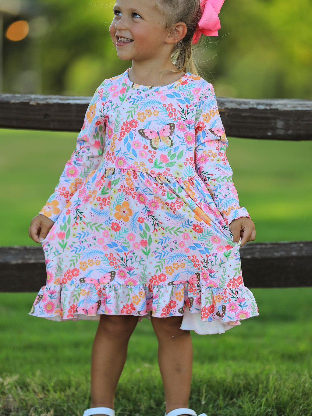 Girls' Butterfly & Floral Long-Sleeve Twirl Dress