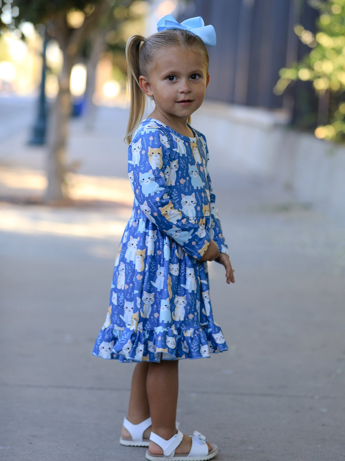 Girls' Cat Print Long-Sleeve Ruffle Dress