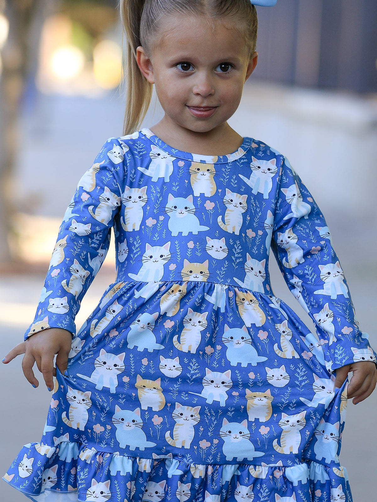 Girls' Cat Print Long-Sleeve Ruffle Dress