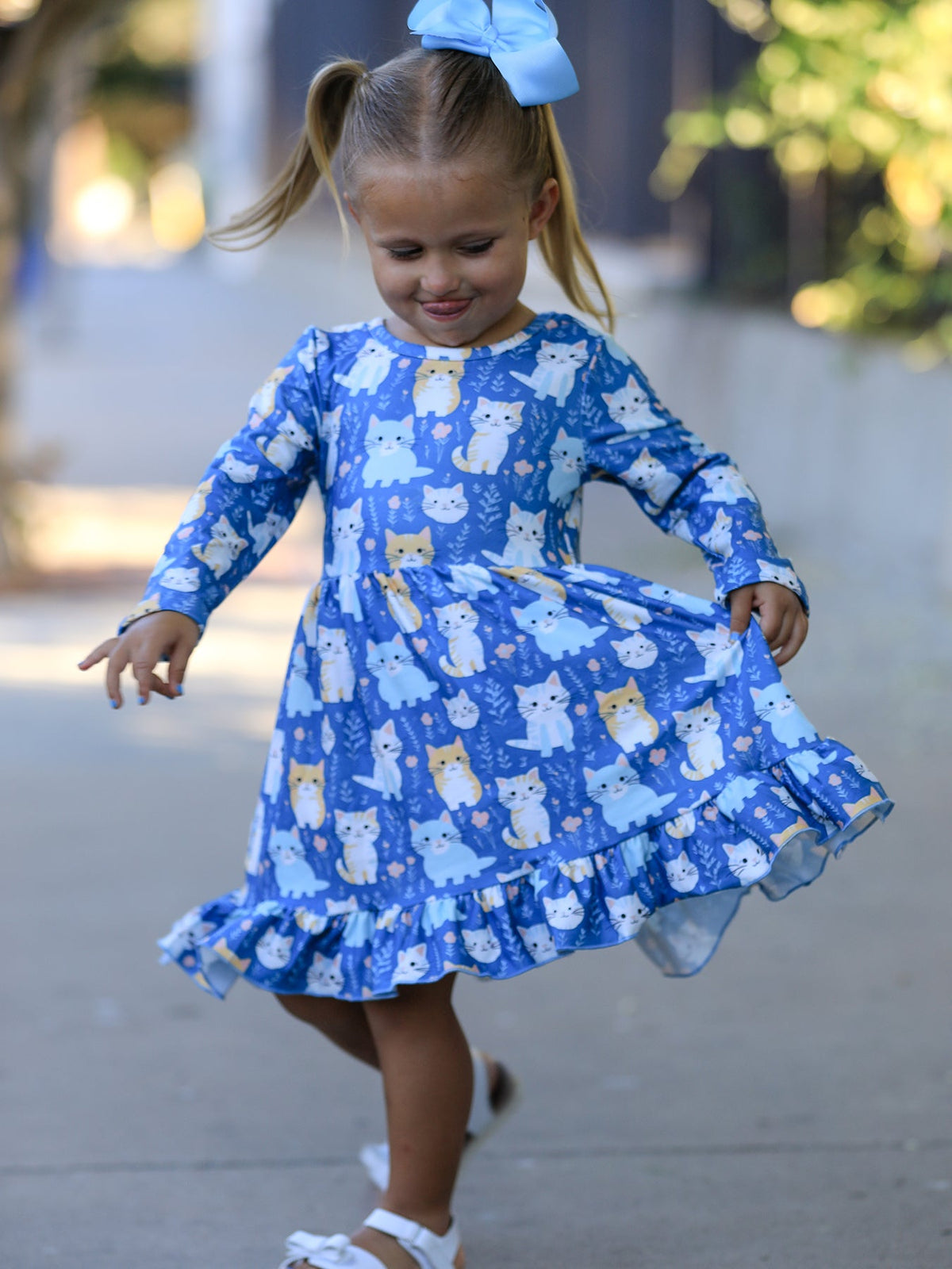 Girls' Cat Print Long-Sleeve Ruffle Dress
