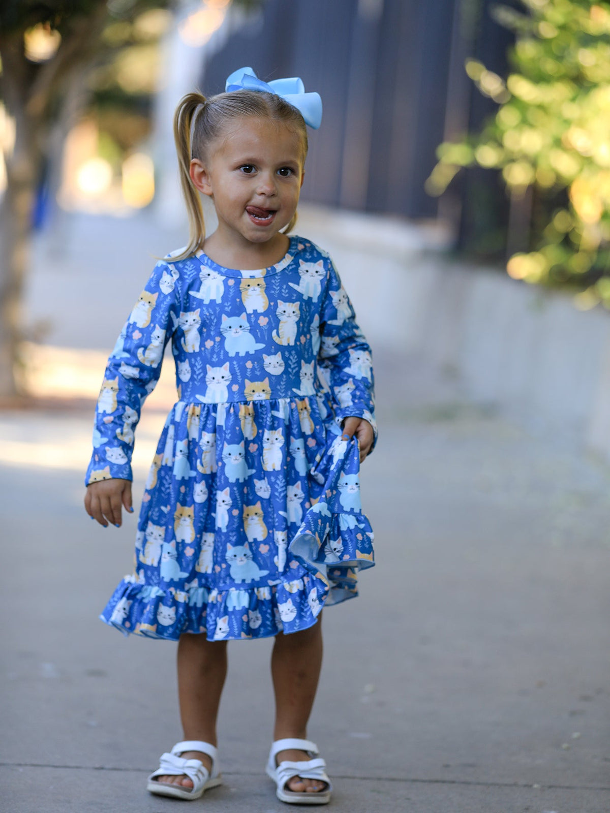 Girls' Cat Print Long-Sleeve Ruffle Dress
