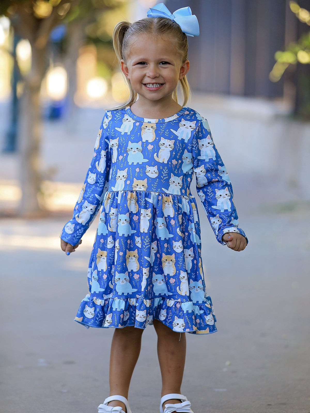 Girls' Cat Print Long-Sleeve Ruffle Dress