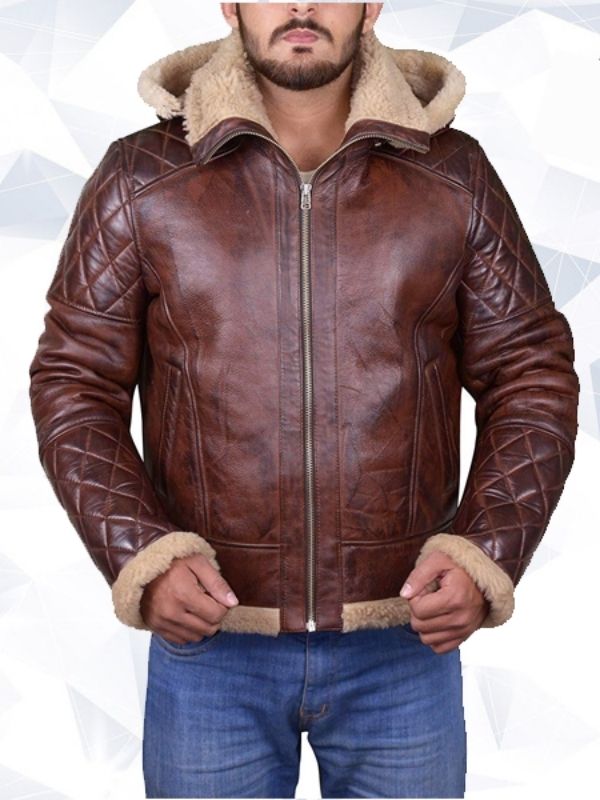 Men's Brown Shearling Hooded Jacket