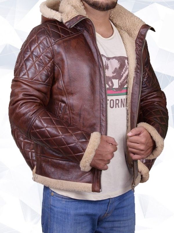 Men's Brown Shearling Hooded Jacket