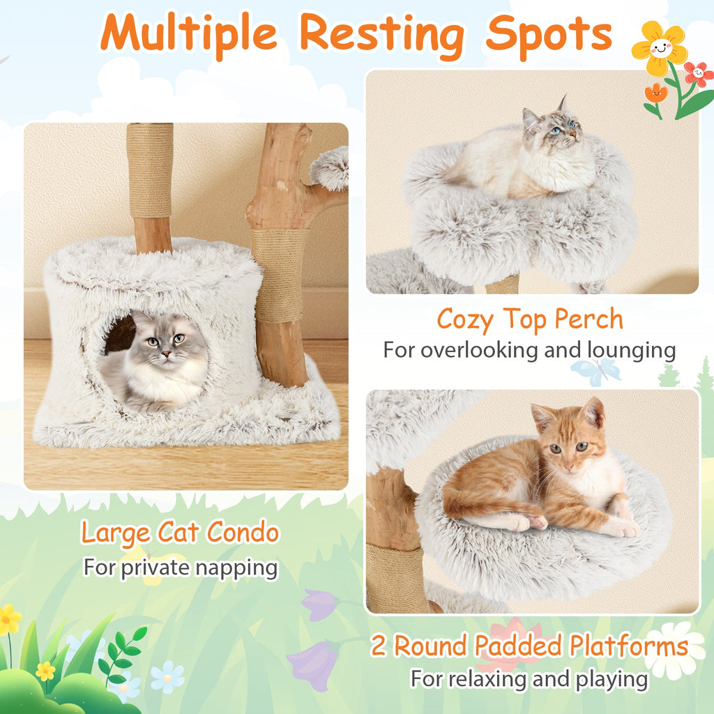 Modern Cat Tree 53 Inch Tall Natural Branch Wooden Cat Tower with Jute Scratching Posts-White