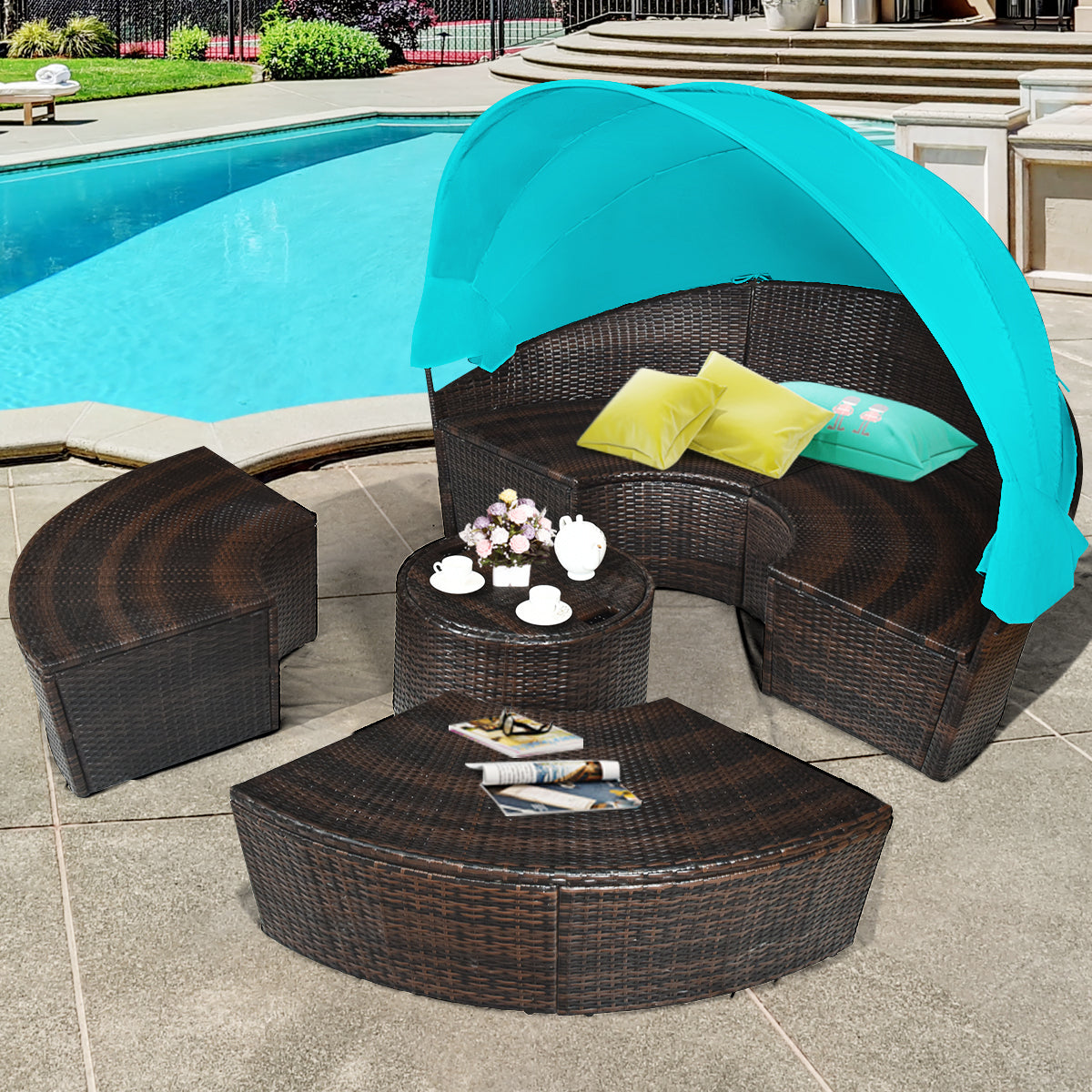 Patio Round Daybed Rattan Furniture Sets with Canopy