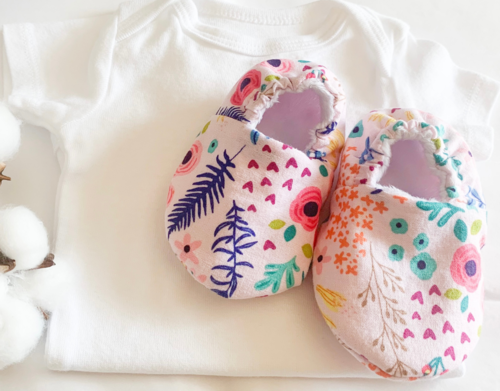 Pink Floral Cotton Baby Booties with Elastic Ankles