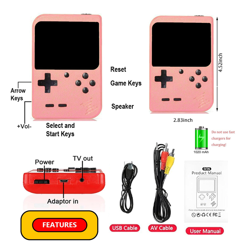 Mini Handheld Arcade Console — 400 Games, Pink