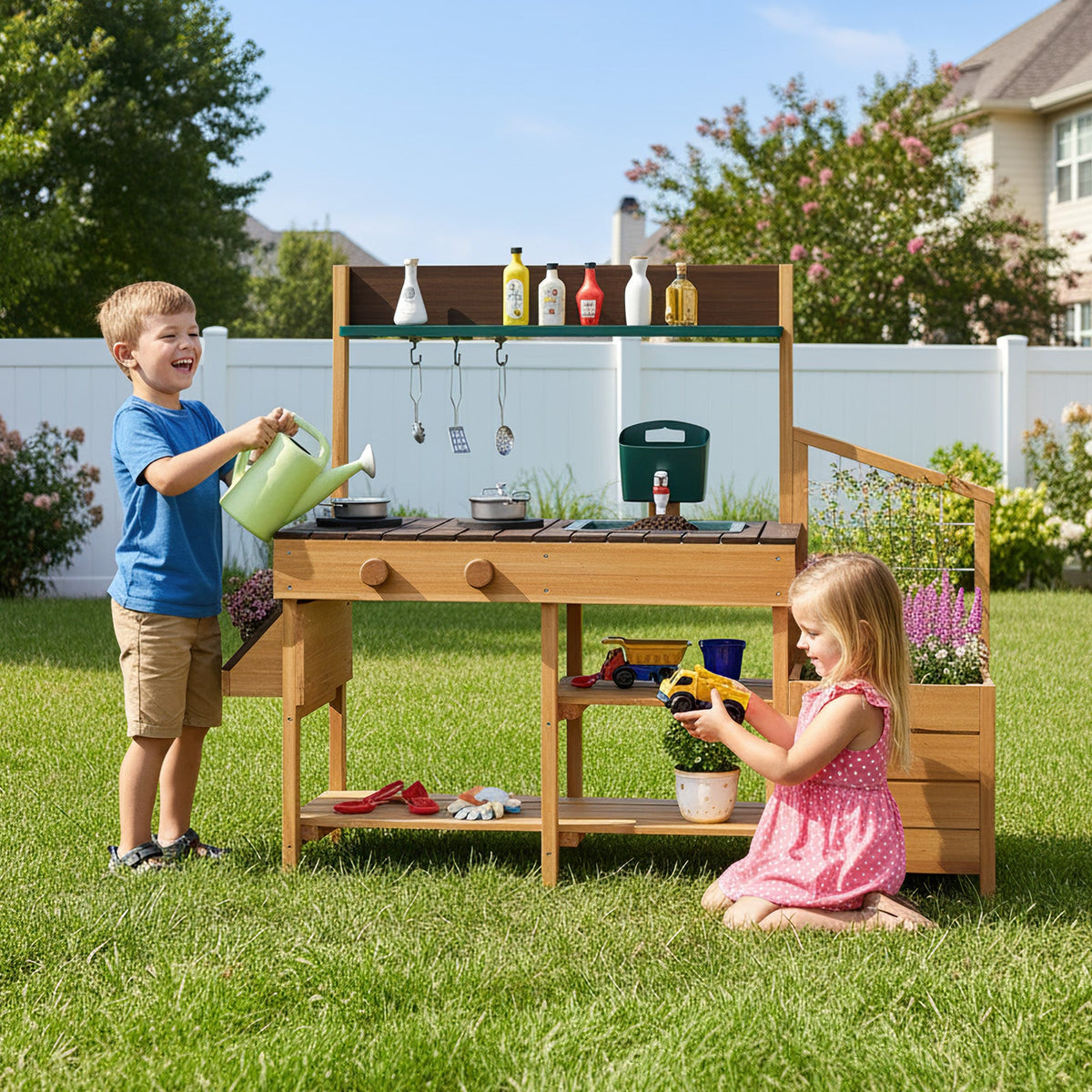 Kids' Wooden Outdoor Mud Kitchen with Sink and Planters