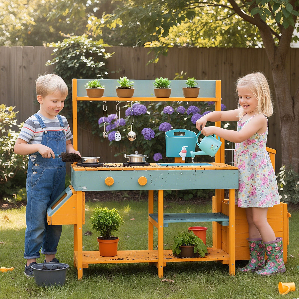 Kids' Wooden Outdoor Mud Kitchen with Sink and Planters