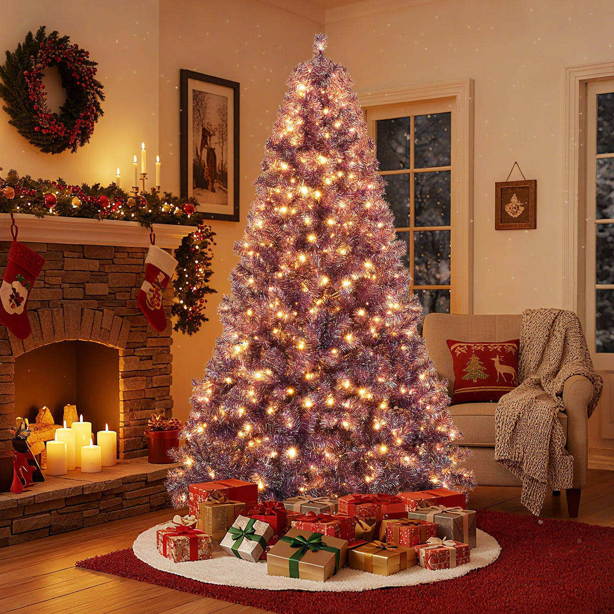 Pre-Lit Tinsel Christmas Tree with Warm White LED Lights