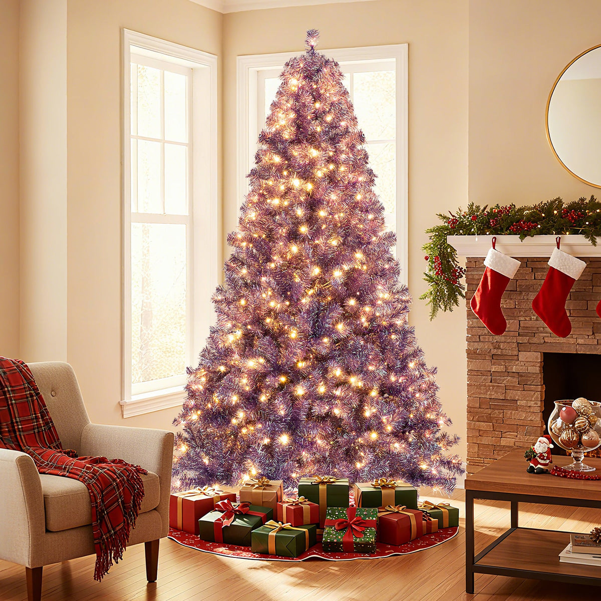 Pre-Lit Tinsel Christmas Tree with Warm White LED Lights