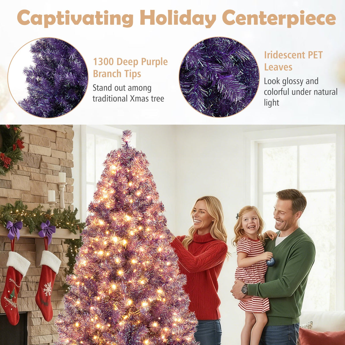 Pre-Lit Tinsel Christmas Tree with Warm White LED Lights