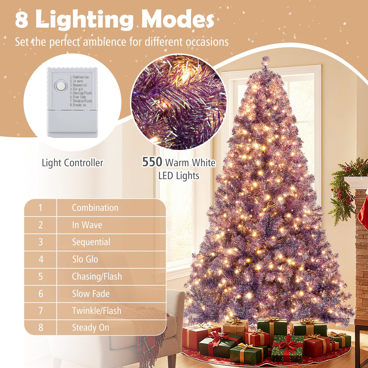 Pre-Lit Tinsel Christmas Tree with Warm White LED Lights