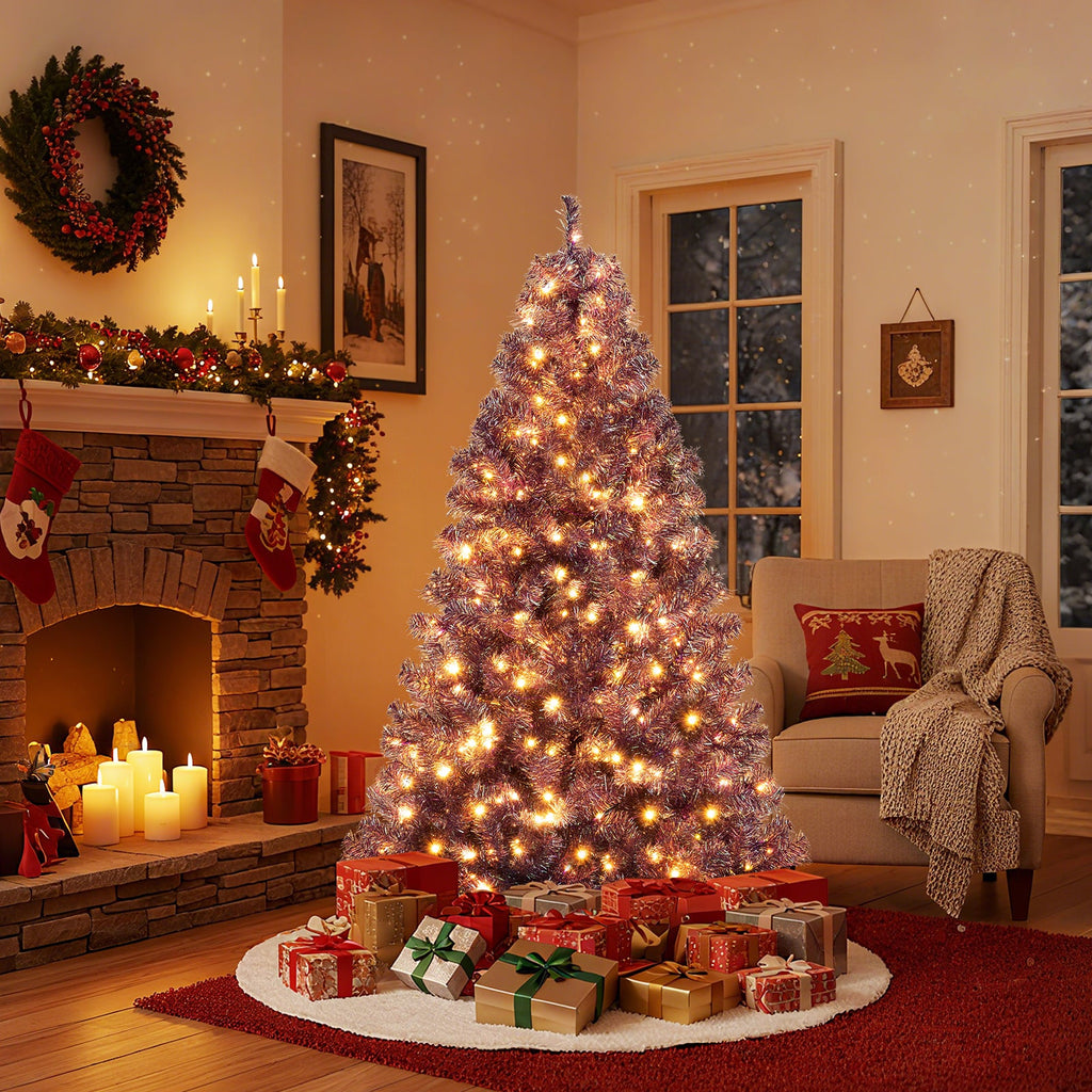 Pre-Lit Tinsel Christmas Tree with Warm White LED Lights