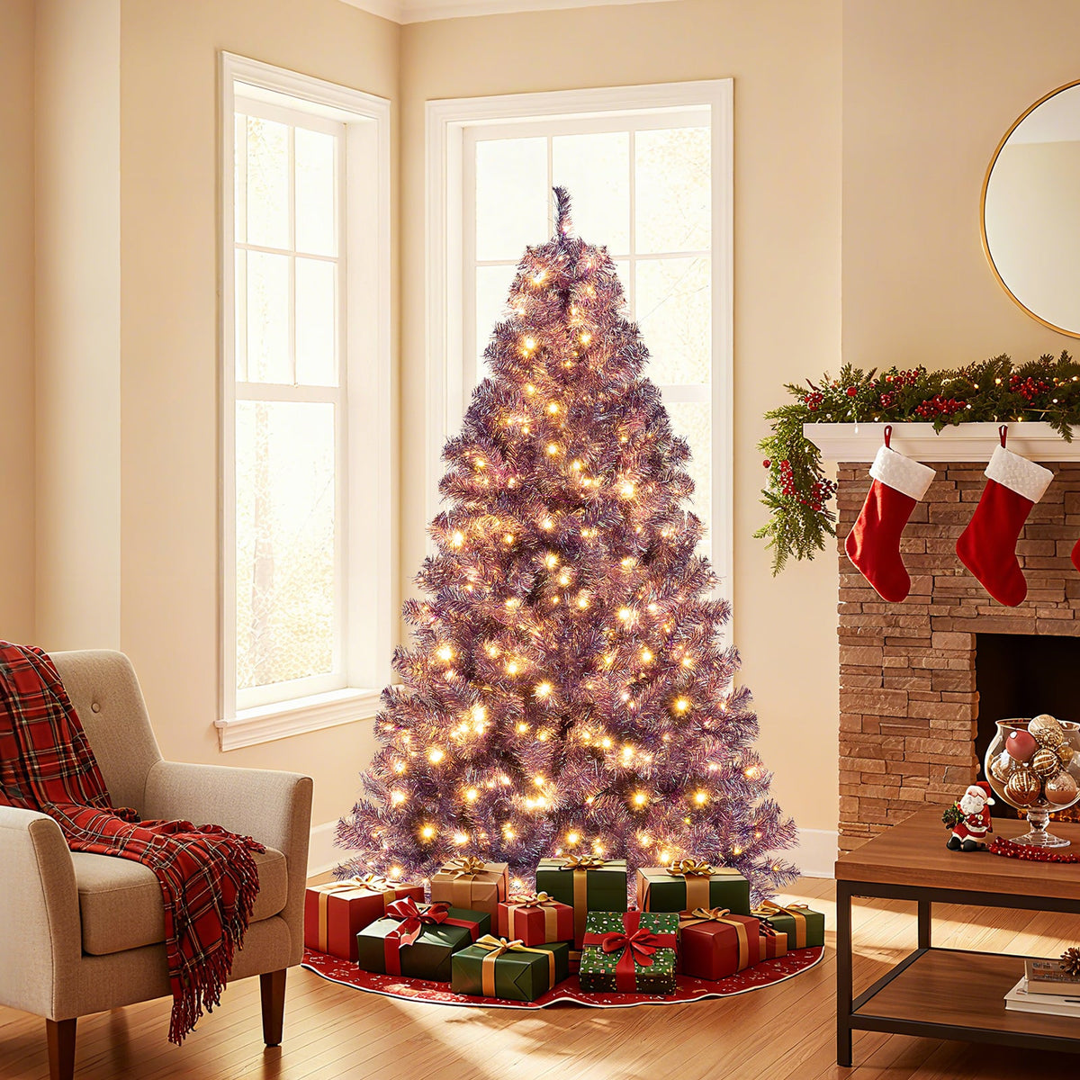Pre-Lit Tinsel Christmas Tree with Warm White LED Lights