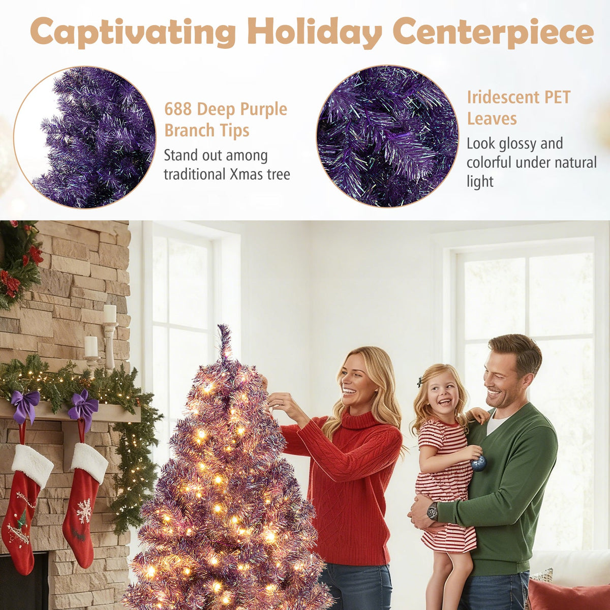 Pre-Lit Tinsel Christmas Tree with Warm White LED Lights