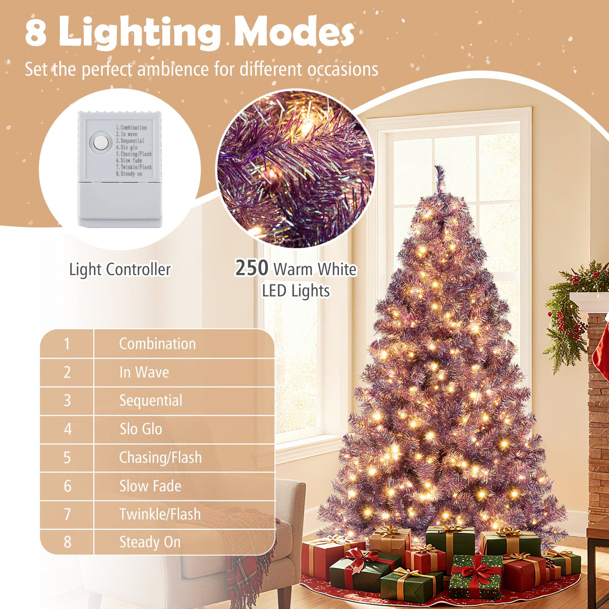 Pre-Lit Tinsel Christmas Tree with Warm White LED Lights