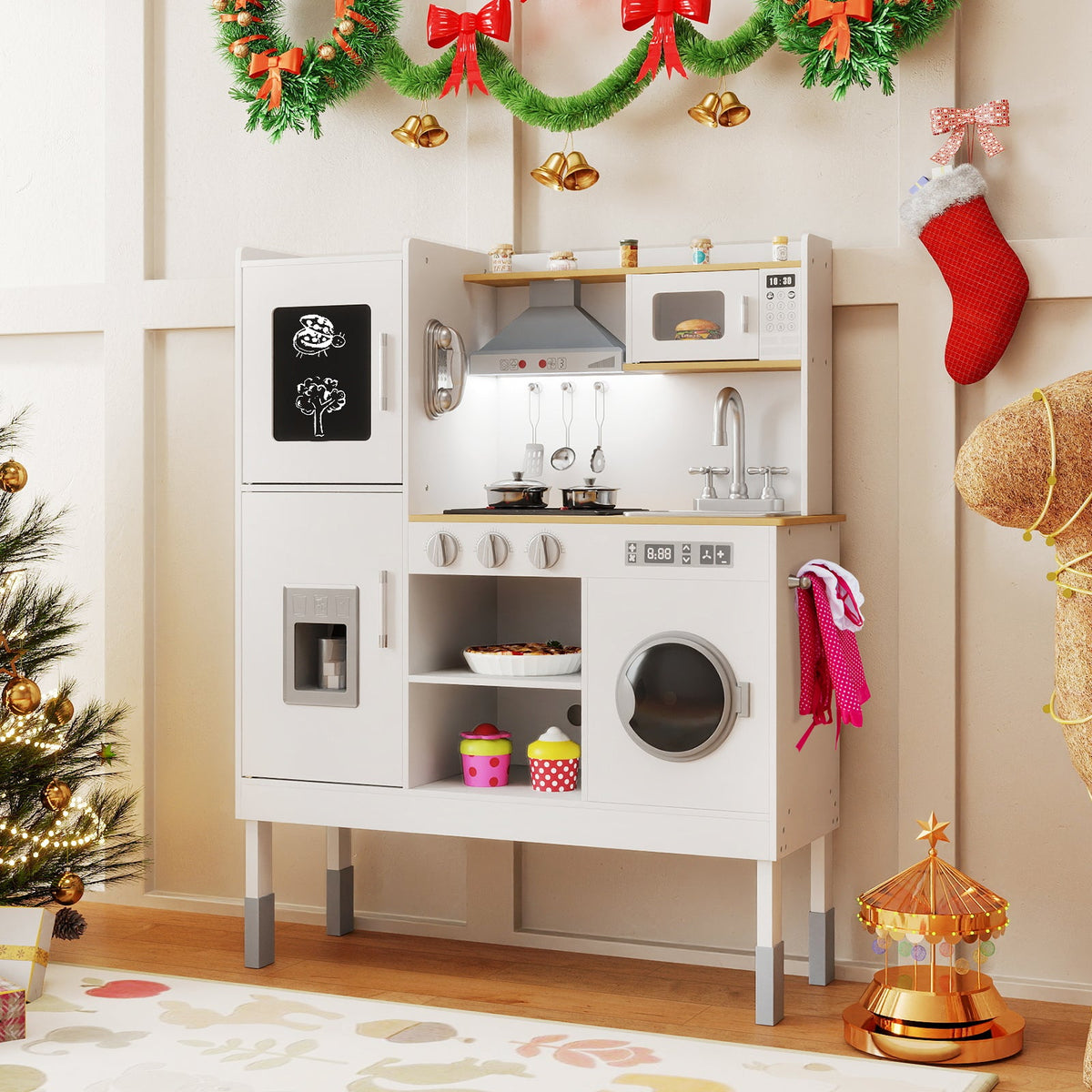 Kids' Pretend Play Kitchen with Range Hood & Ice Maker