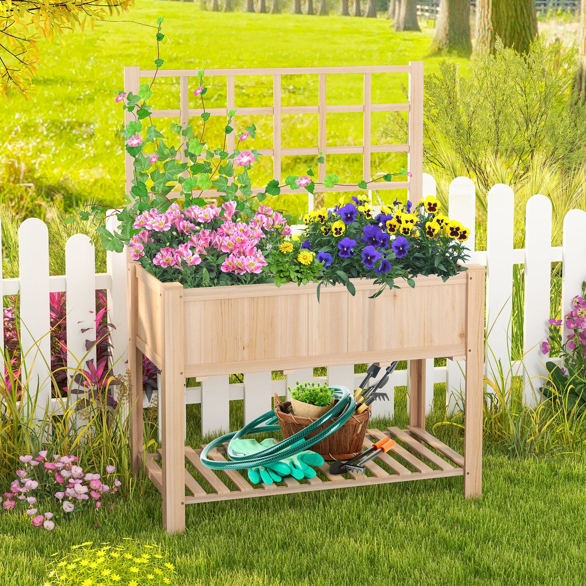 Elevated Wooden Raised Garden Bed with Trellis