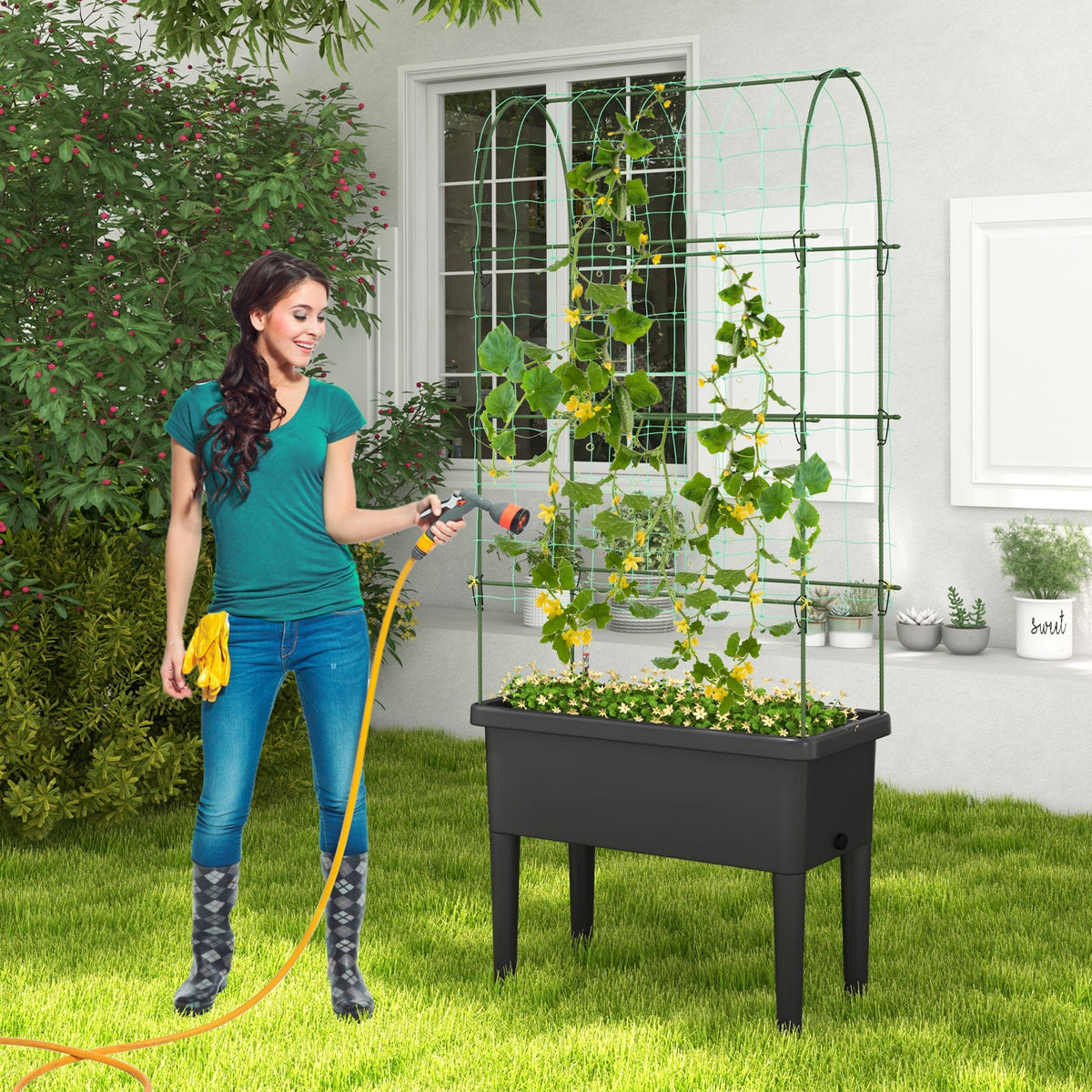 Self-Watering Raised Garden Bed with Climbing Trellis – Black