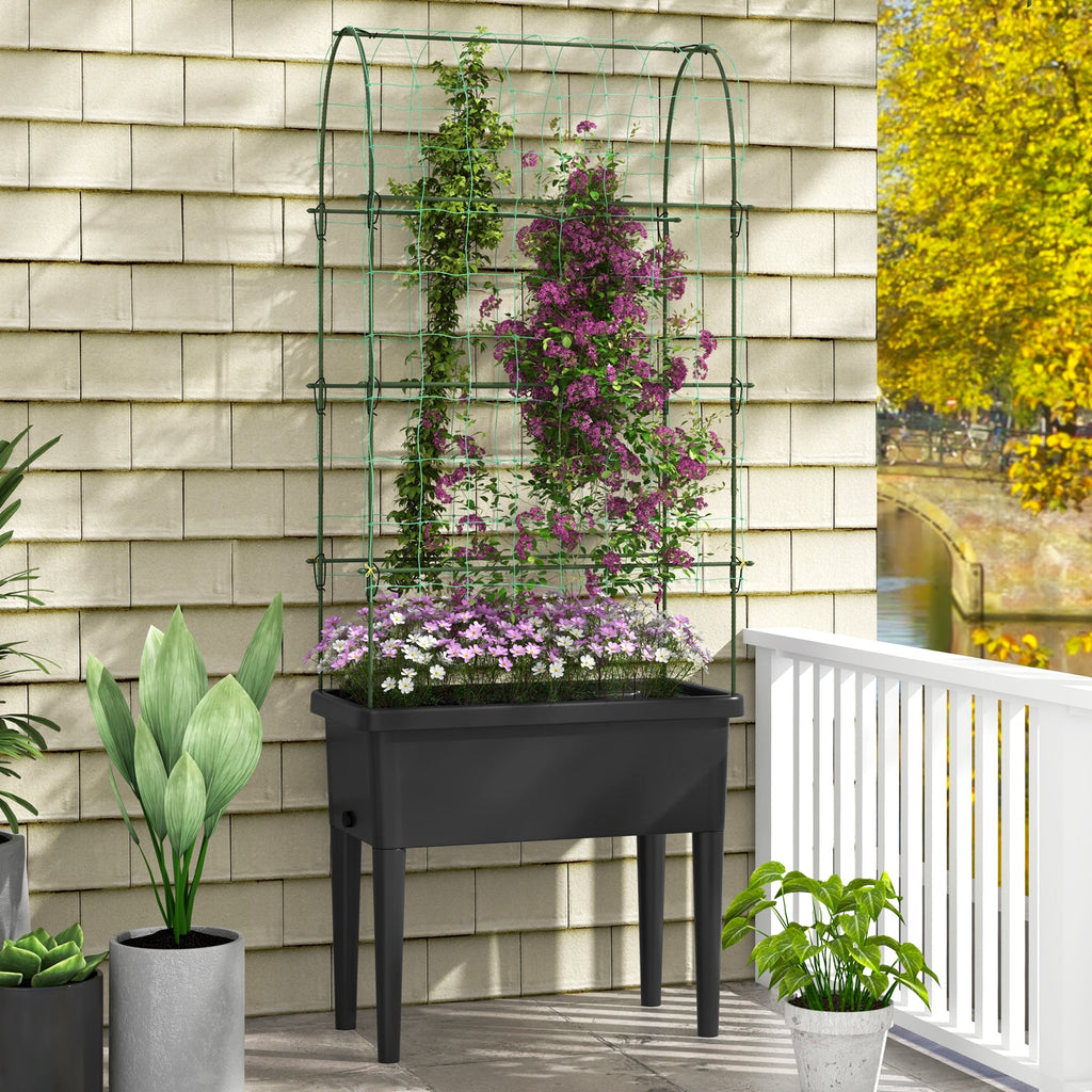 Self-Watering Raised Garden Bed with Climbing Trellis – Black