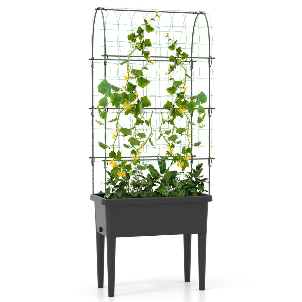 Self-Watering Raised Garden Bed with Climbing Trellis – Black