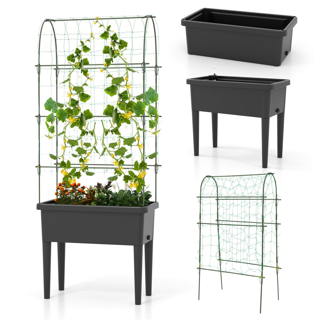 Self-Watering Raised Garden Bed with Climbing Trellis – Black