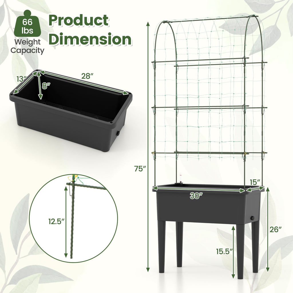 Self-Watering Raised Garden Bed with Climbing Trellis – Black