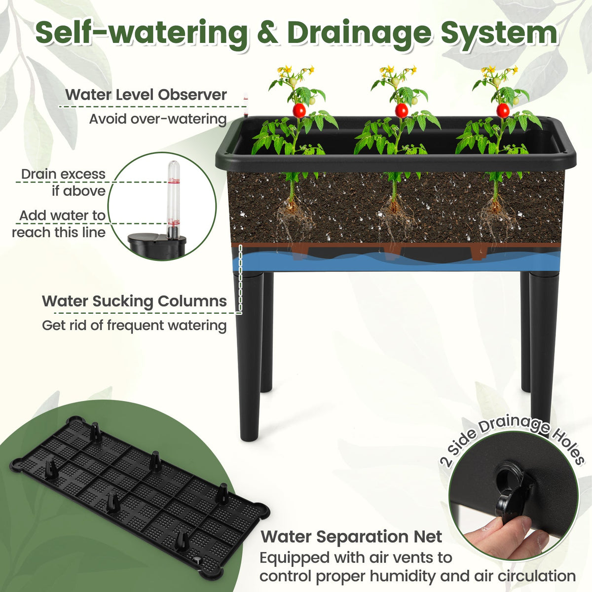 Self-Watering Raised Garden Bed with Climbing Trellis – Black