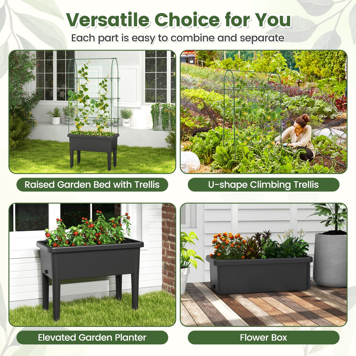 Self-Watering Raised Garden Bed with Climbing Trellis – Black
