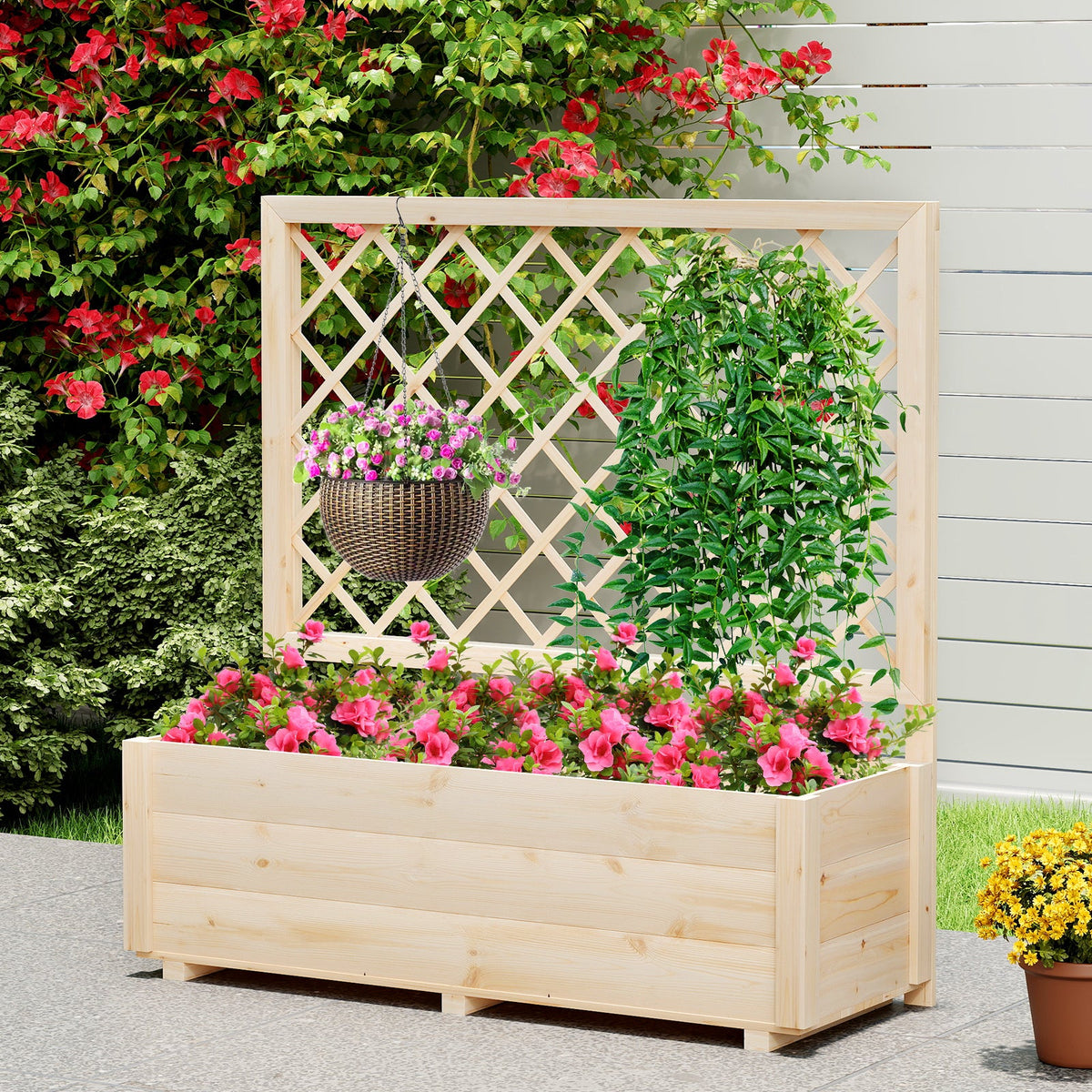 Wooden Elevated Garden Bed with Lattice Trellis