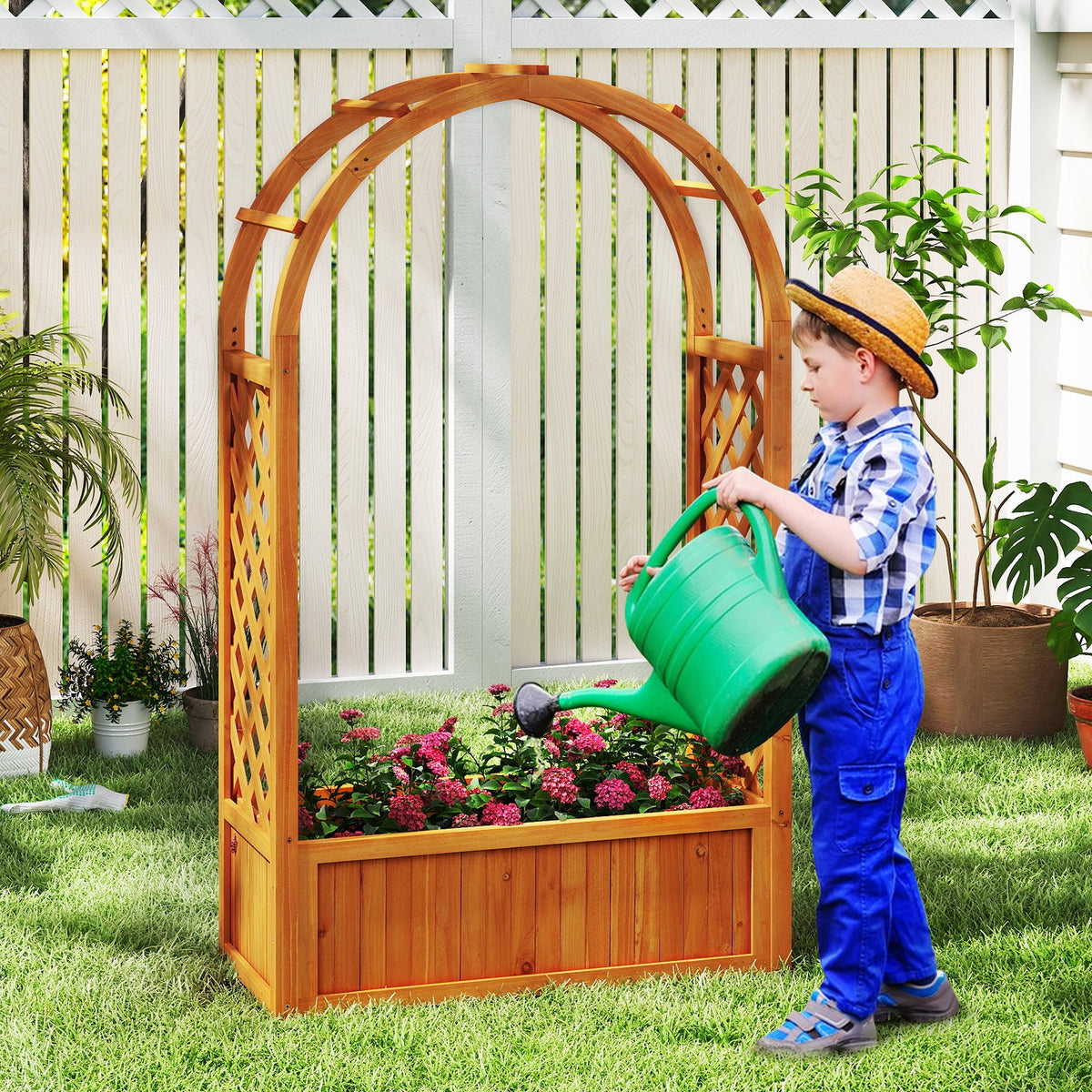 Wooden Raised Garden Bed with Arched Lattice Trellis Roof