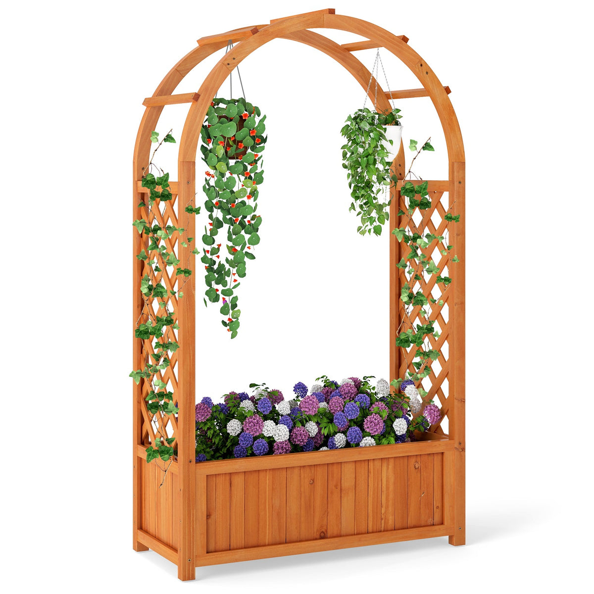 Wooden Raised Garden Bed with Arched Lattice Trellis Roof