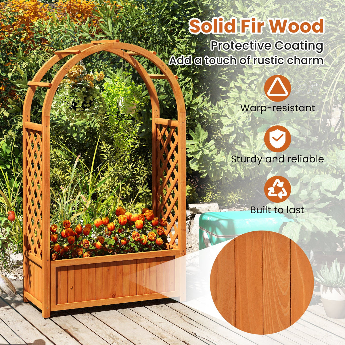 Wooden Raised Garden Bed with Arched Lattice Trellis Roof