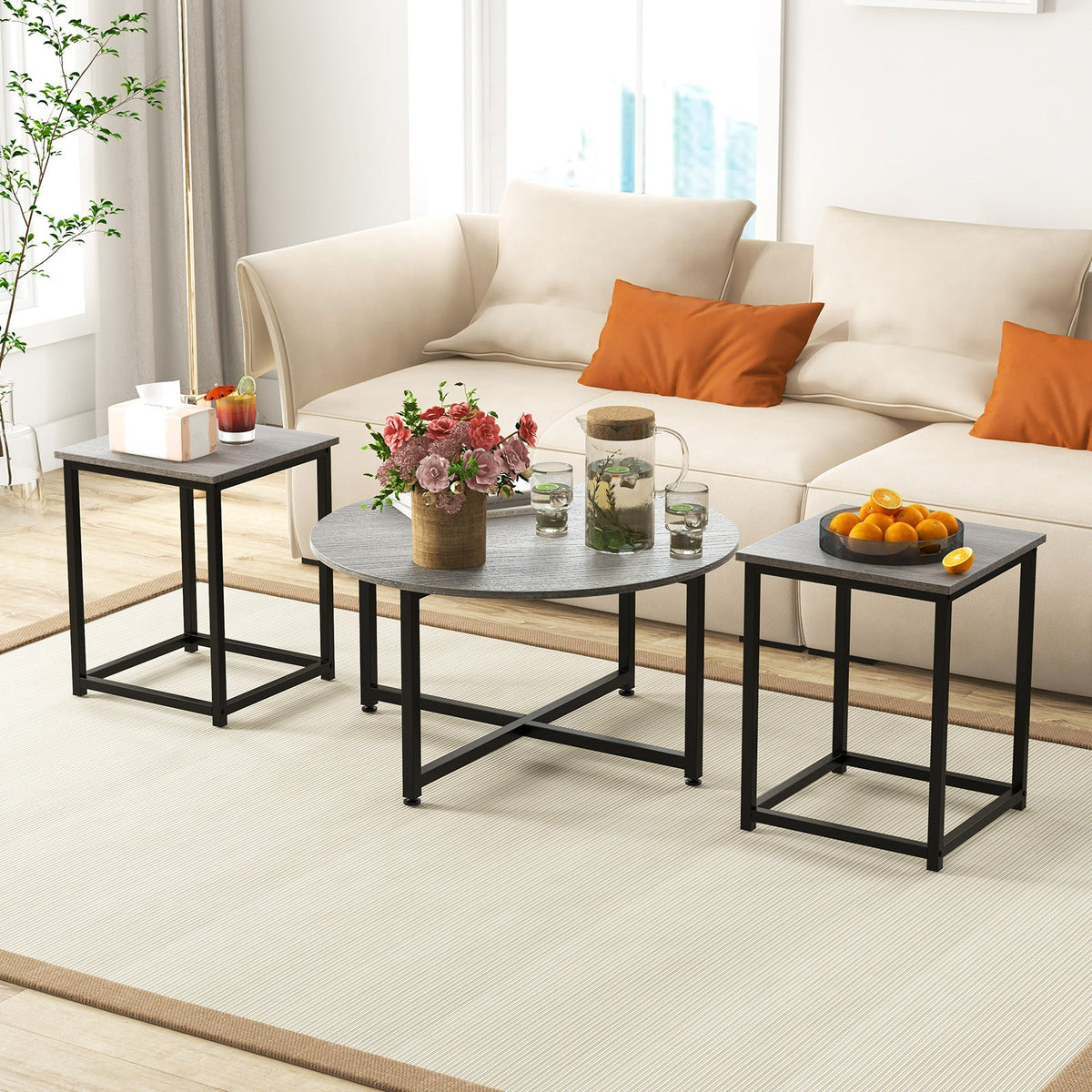 3-Piece Coffee Table Set Round Coffee Table and 2PCS Square End Tables