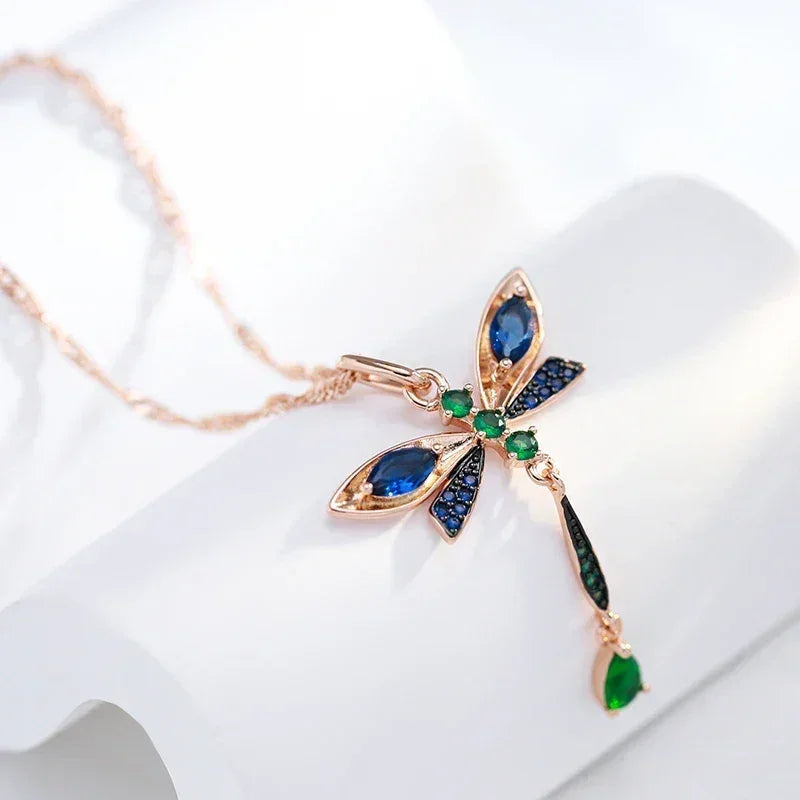 Blue Zircon Dragonfly Rose Gold-Tone Pendant Necklace