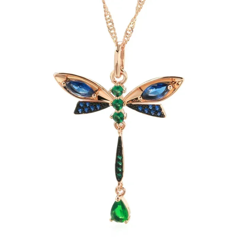 Blue Zircon Dragonfly Rose Gold-Tone Pendant Necklace