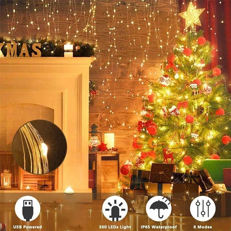 USB LED Curtain Fairy String Lights — 3 m, 8 Modes