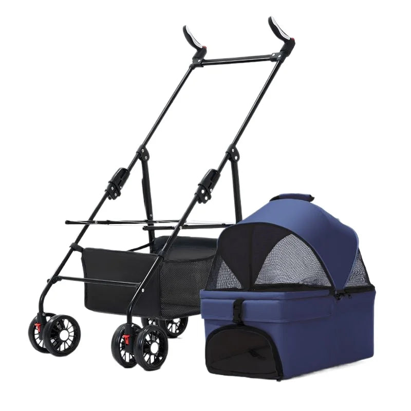 3-in-1 Dog Strollers 4 Wheels Folding Pet Stroller with Detachable Carrier Breathable Visible Mesh Travel