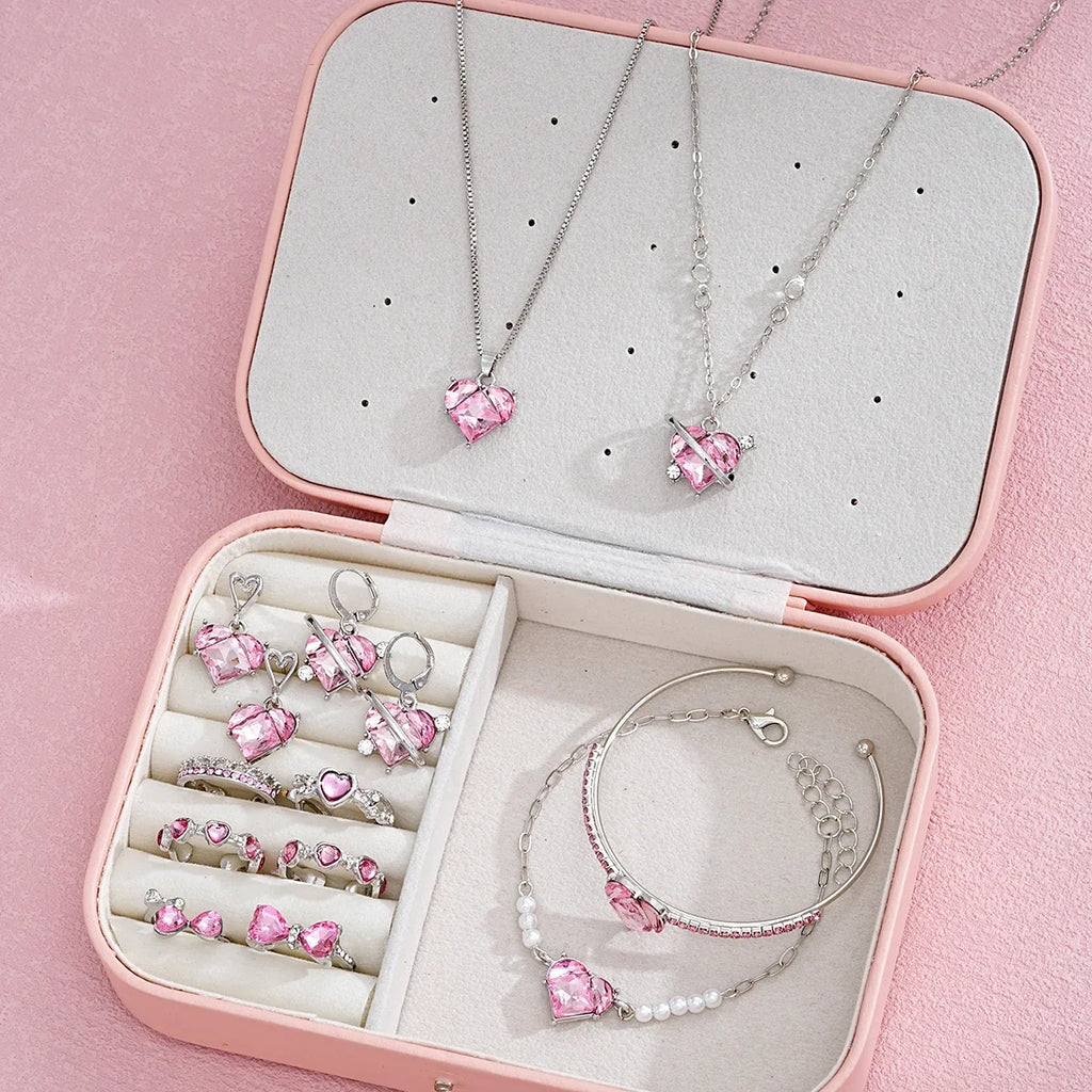 14-Piece Pink Crystal Heart Jewelry Set