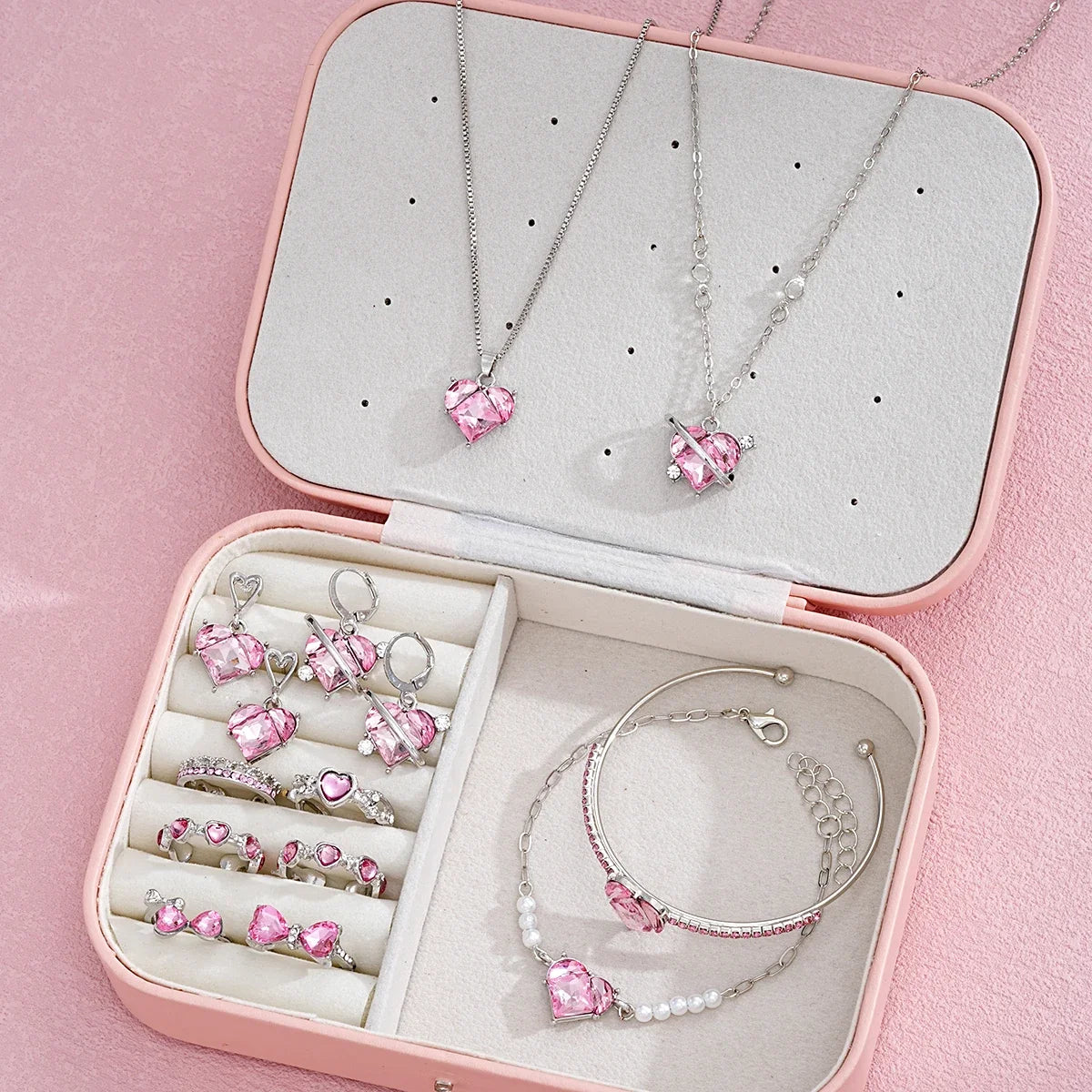 14-Piece Pink Crystal Heart Jewelry Set