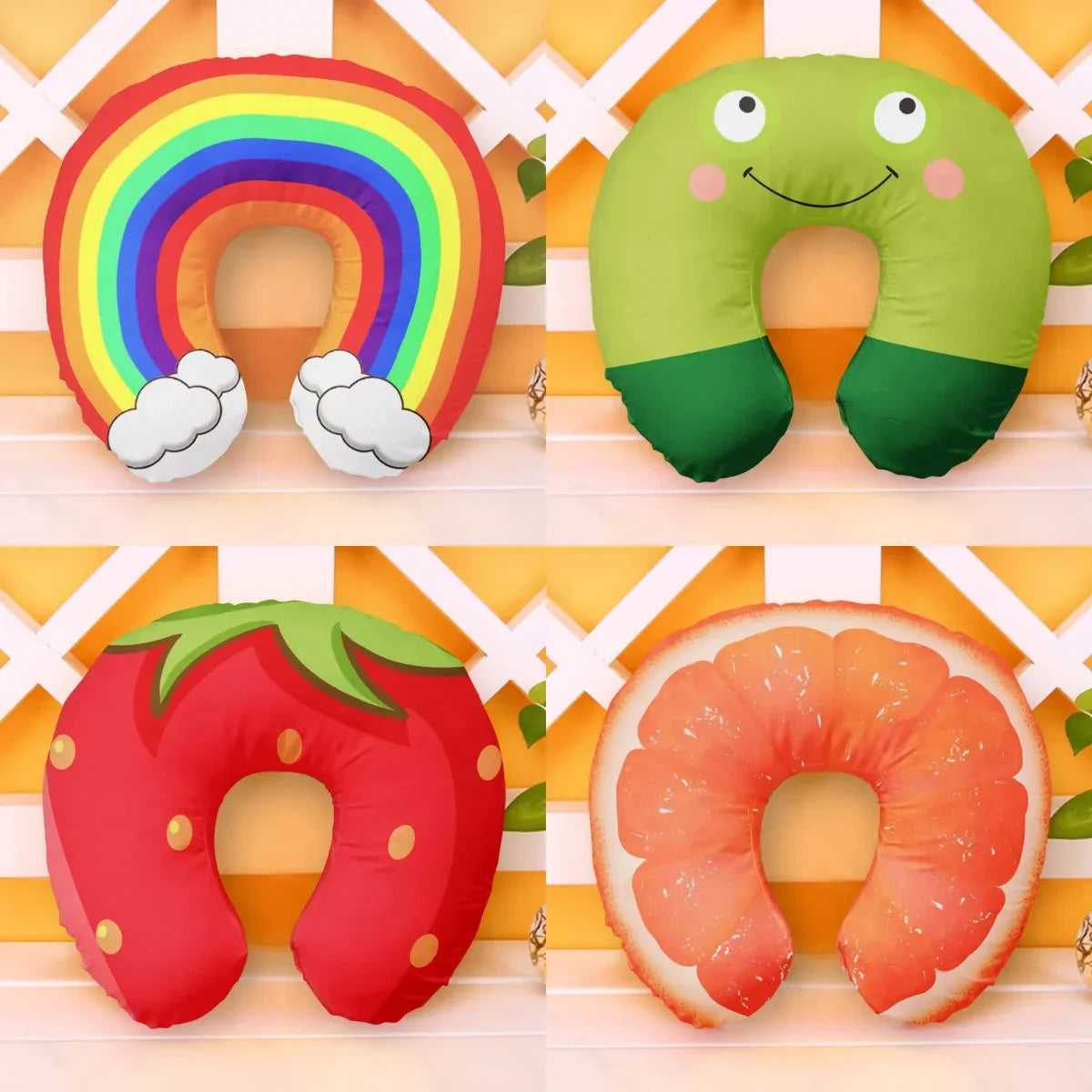 U-Shaped Inflatable Travel Neck Pillow — Frog, Strawberry & Rainbow