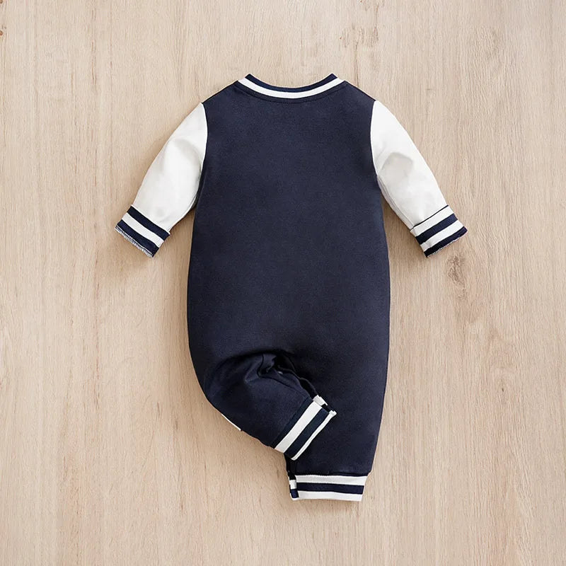 Baby Navy Baseball Print Footed Romper
