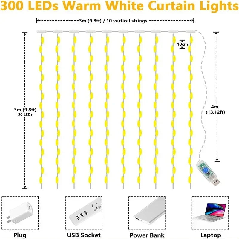 USB LED Curtain Fairy String Lights — 3 m, 8 Modes